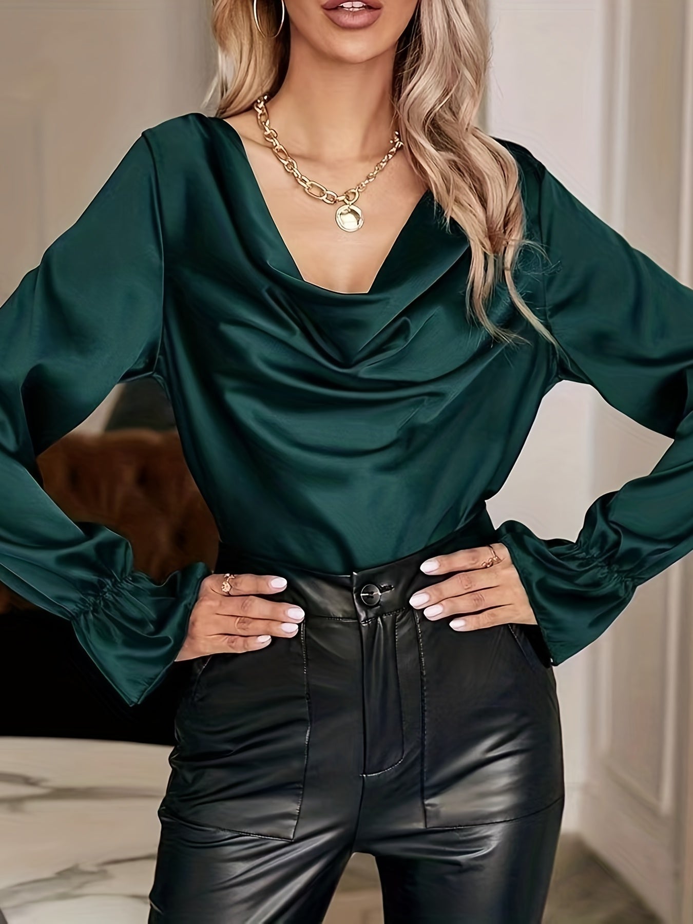 vlovelaw  Solid Draped Blouse, Elegant Long Sleeve Versatile Blouse, Women's Clothing