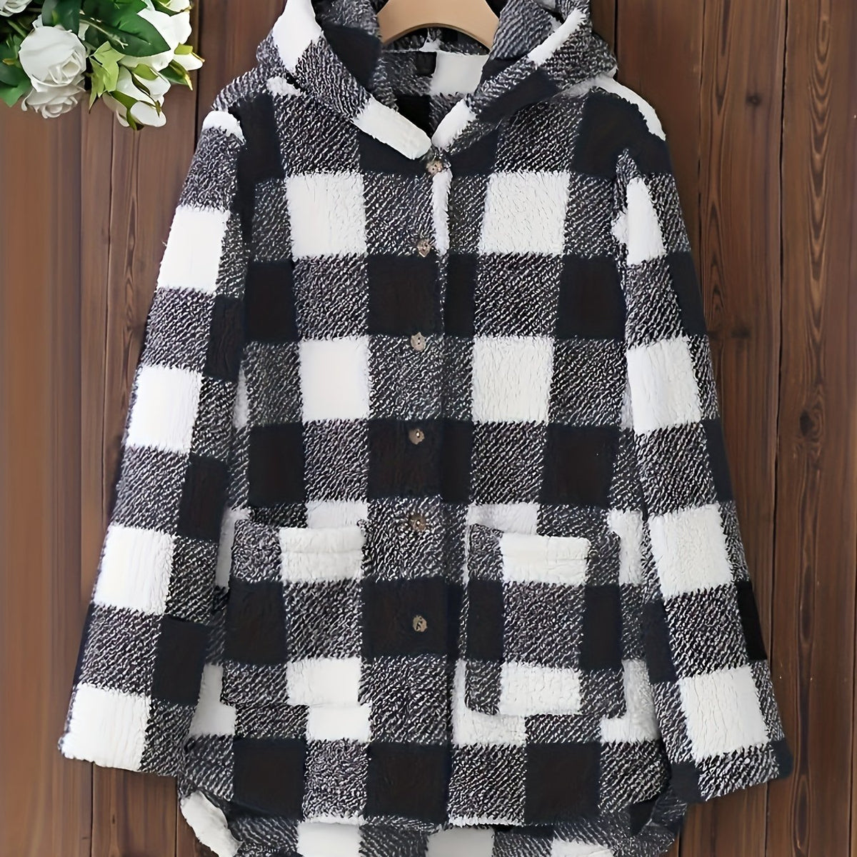 vlovelaw  Plaid Button Up Fuzzy Hoodie, Casual Long Sleeve Pocket Hoodies Coat, Women's Clothing