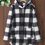 vlovelaw  Plaid Button Up Fuzzy Hoodie, Casual Long Sleeve Pocket Hoodies Coat, Women's Clothing