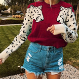 vlovelaw Contrast Leopard Pattern Crew Neck Knit Top, Casual Long Sleeve Pullover Sweater For Fall & Winter, Women's Clothing