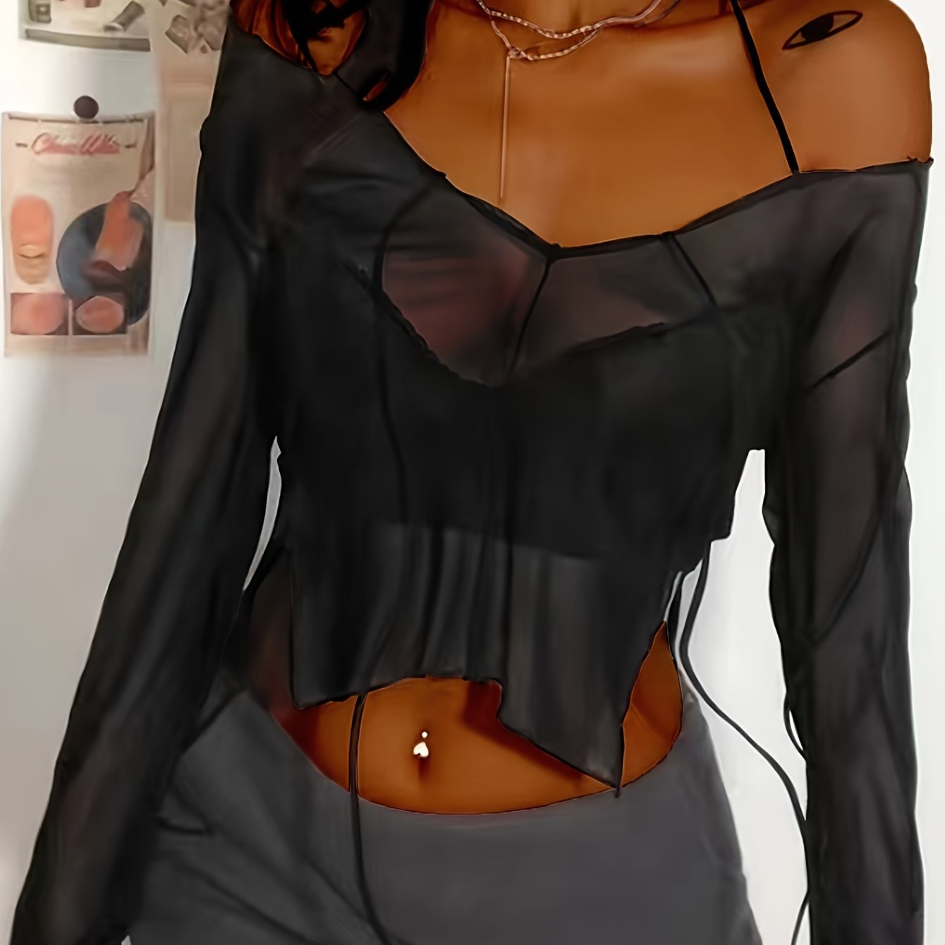 vlovelaw  Solid Cold Shoulder Split Side T-shirt, Y2K Long Sleeve Sheer Top, Women's Clothing