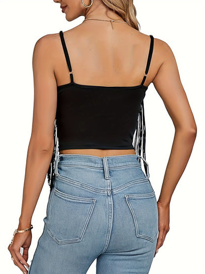 vlovelaw Solid Spaghetti Strap Top, Boho Fringe Crop Sleeveless Cami Top For Summer, Women's Clothing