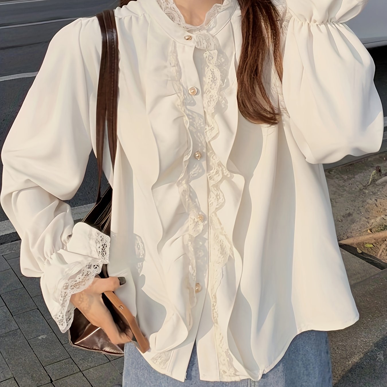 vlovelaw  Contrast Lace Ruffle Decor Blouse, Chic Button Front Long Sleeve Blouse, Women's Clothing