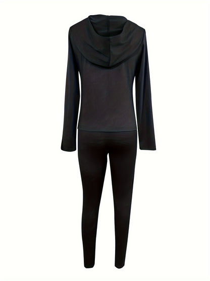 vlovelaw  Solid Two-piece Set, Casual Zip Up Slim Hoodie & Skinny Pants Outfits, Women's Clothing