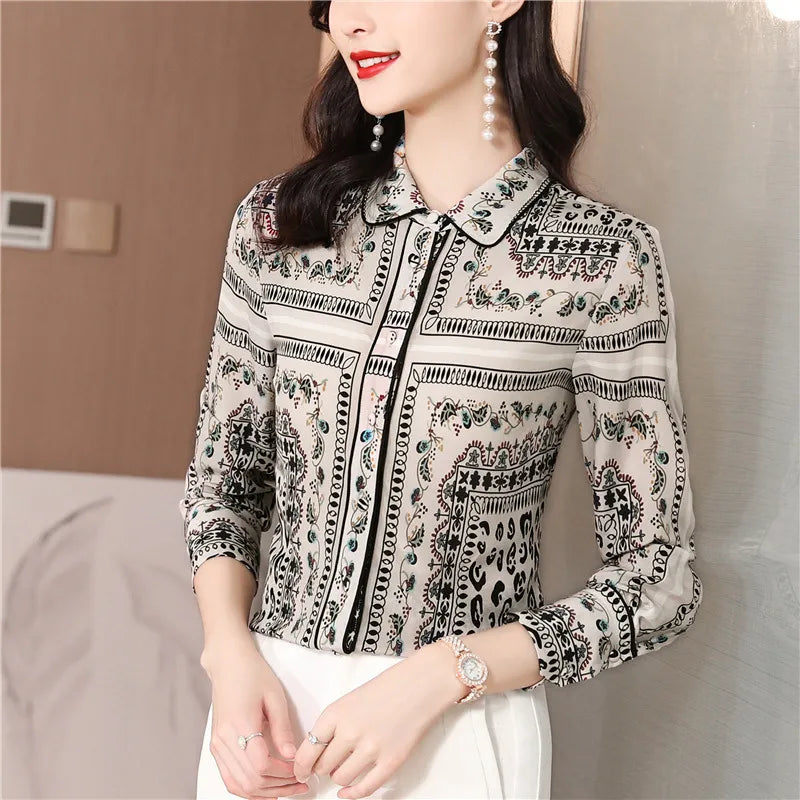 Ribbon Bow Women Silk Print Shirt Polka Dot Long Sleeve Button Up Blouses Office Ladies Casual Shirts Spring Autumn Designer Blouse Fine Elegant Tops Woman