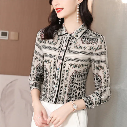 Ribbon Bow Women Silk Print Shirt Polka Dot Long Sleeve Button Up Blouses Office Ladies Casual Shirts Spring Autumn Designer Blouse Fine Elegant Tops Woman