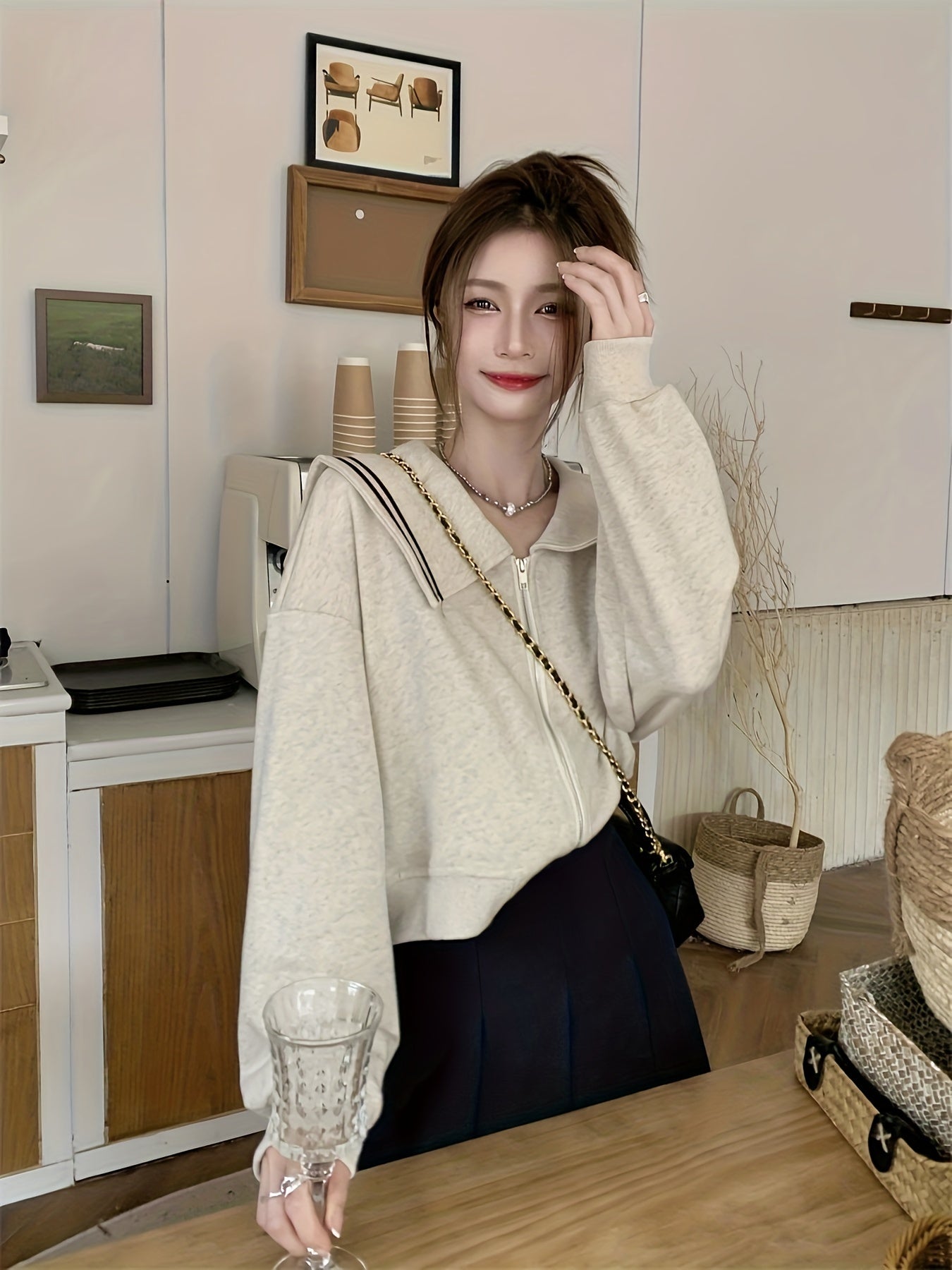 vlovelaw  Zip Up Turndown Collar Knit Cardigan, Casual Long Sleeve Loose Stylish Sweater, Women's Clothing