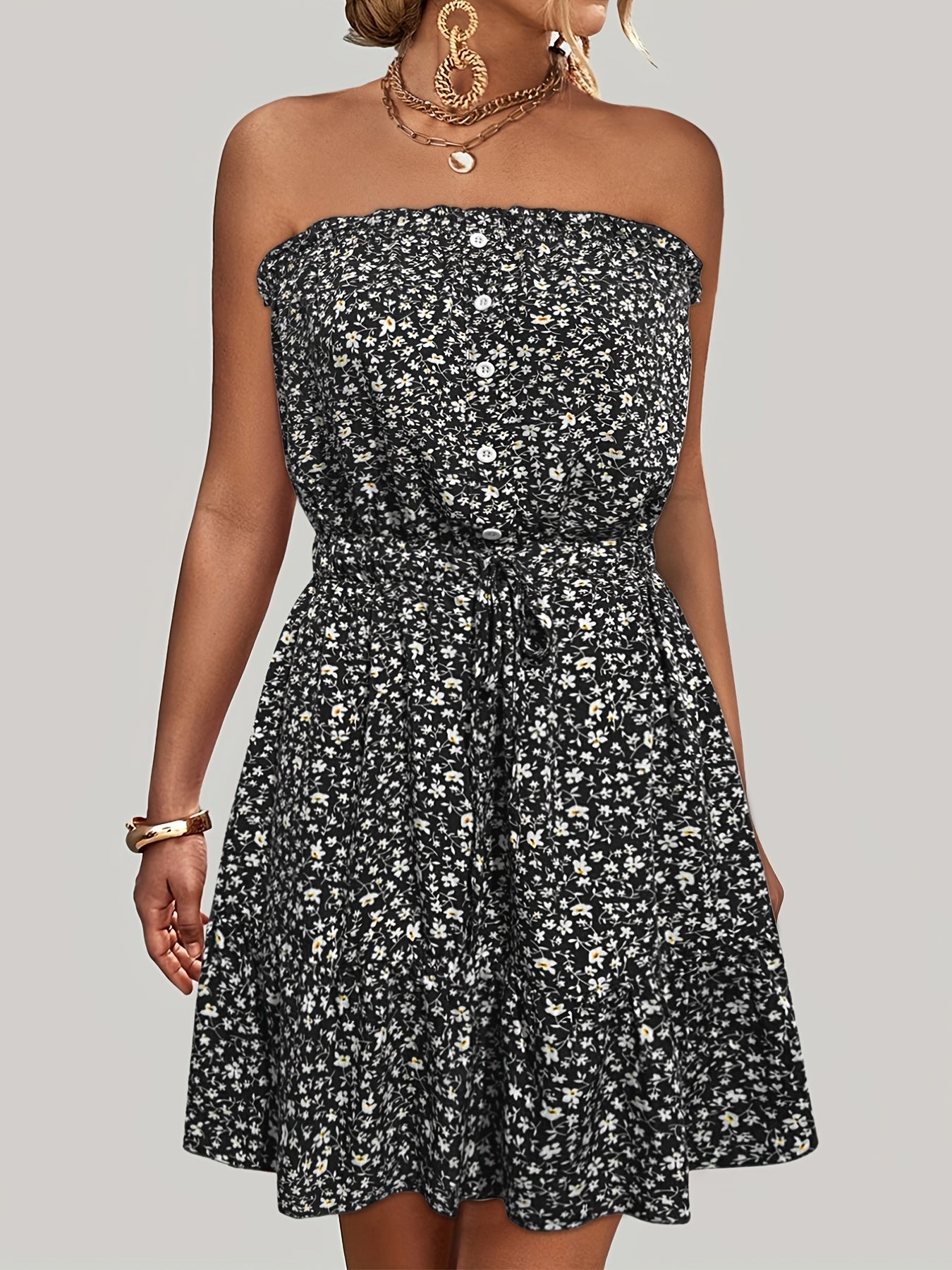 Ditsy Floral Off Shoulder Dress, Sexy Sleeveless Drawstring Summer Dress, Women's Clothing