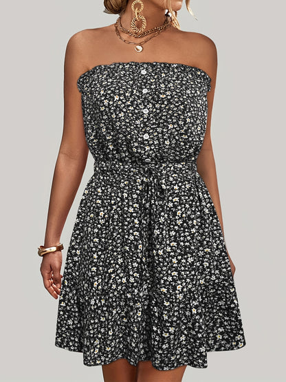Ditsy Floral Off Shoulder Dress, Sexy Sleeveless Drawstring Summer Dress, Women's Clothing