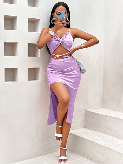 vlovelaw  Solid Cut Out Crisscross Waist Dress, Sexy Sleeveless Split Thigh Cami Dress, Women's Clothing