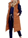 Hooded Sleeveless Coat, Button Front Long Length Casual Warm Outerwear, Women's Clothing