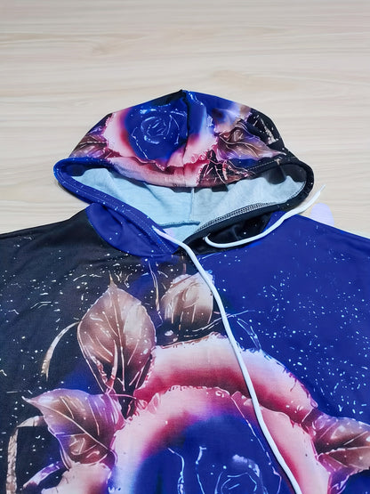 Floral Pattern Casual Hooded Sweatshirt, Long Sleeves Drawstring Sporty Hoodie, Women's Activewear