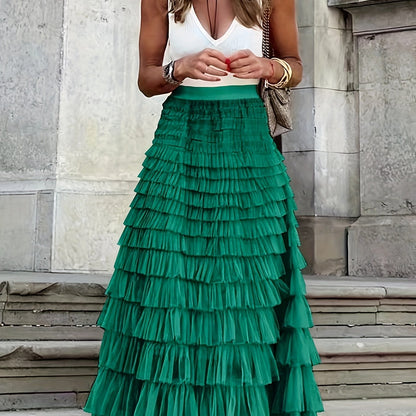 vlovelaw  Mesh Layered Hem Skirt, Boho High Waist Skirt, Women's Clothing