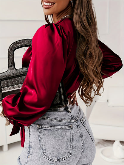Solid Smoothly Surplice Neck Blouse, Casual Long Sleeve Tie Waist Blouse, Women's Clothing