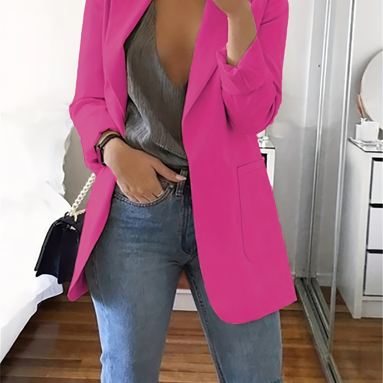 Solid Lapel Blazer, Casual Long Sleeve Open Front Work Office Outerwear, Women's Clothing