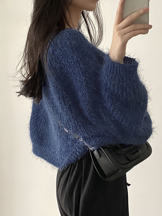 vlovelaw  Solid Open Front Knit Cardigan, Casual Long Sleeve Loose Crop Sweater, Women's Clothing