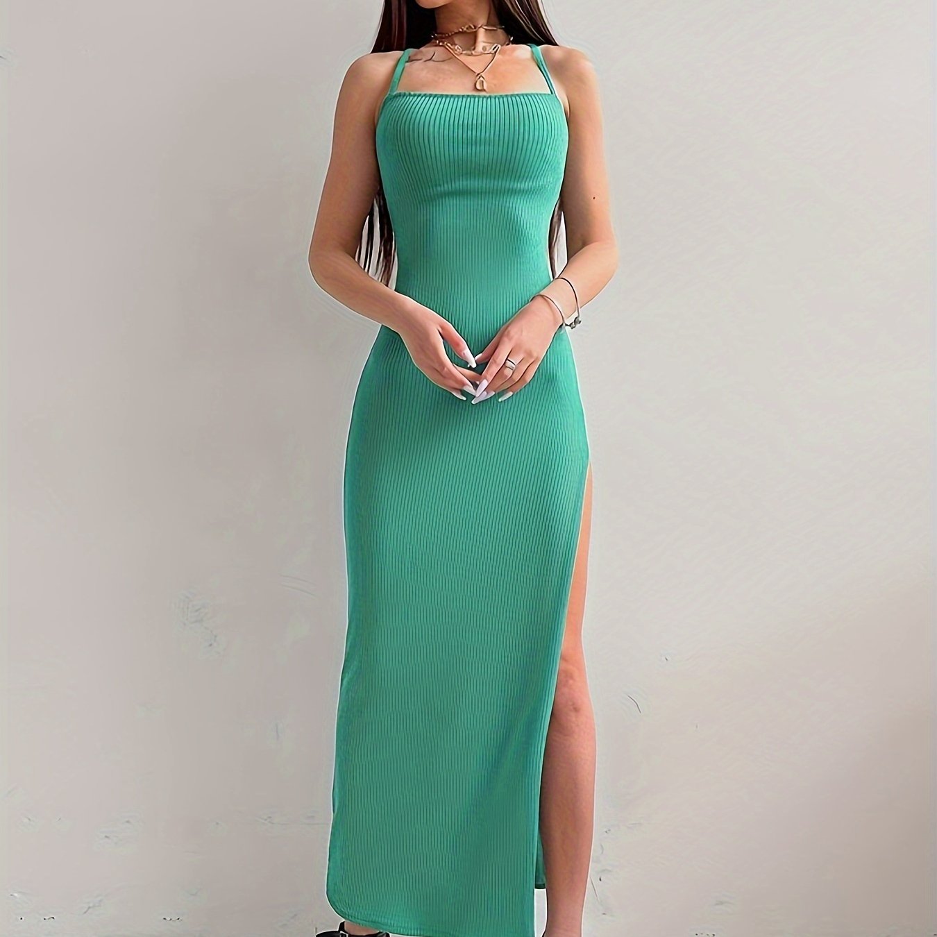 vlovelaw  Solid Tie Back Bodycon Cami Dress, Elegant Split Thigh Sleeveless Backless Dress, Women's Clothing