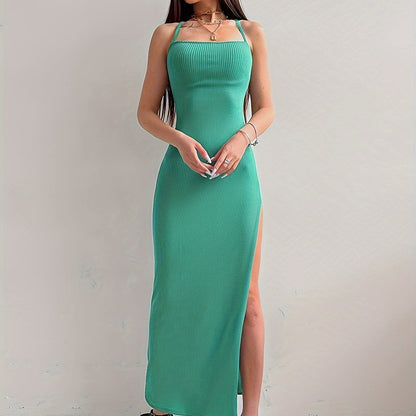 vlovelaw  Solid Tie Back Bodycon Cami Dress, Elegant Split Thigh Sleeveless Backless Dress, Women's Clothing
