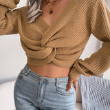 Knotted V Neck Crop Sweater, Casual Lantern Long Sleeve Loose Fall Winter Crop Knit Sweater, Women's Clothing
