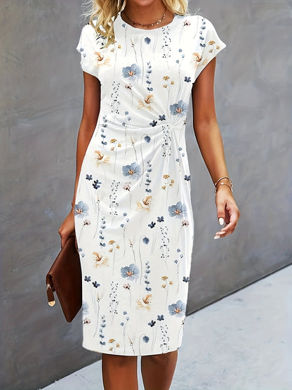 vlovelaw  Floral Print Twist Front Dress, Casual Crew Neck Short Sleeve Dress, Women's Clothing
