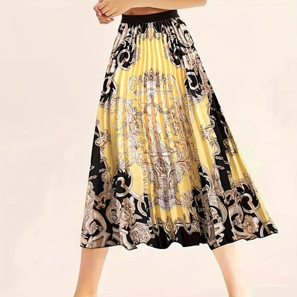 Plus Size Elegant Skirt, Women's Plus Baroque Print Elastic Waist High Rise Pleated Maxi Skirt