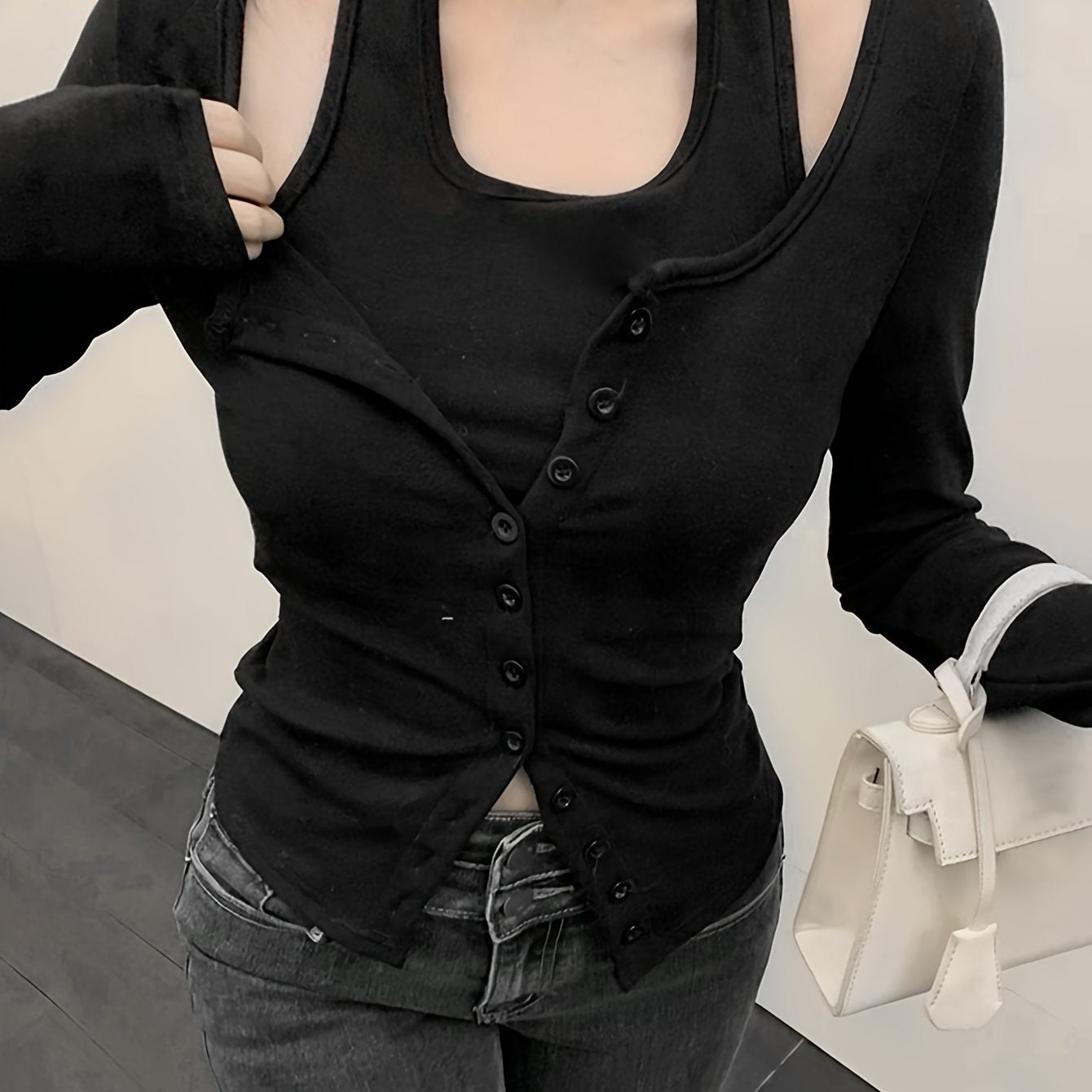 vlovelaw Faux Twinset Halter Neck Top, Casual Long Sleeve Button Top For Spring & Fall, Women's Clothing
