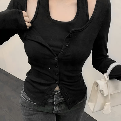 vlovelaw Faux Twinset Halter Neck Top, Casual Long Sleeve Button Top For Spring & Fall, Women's Clothing
