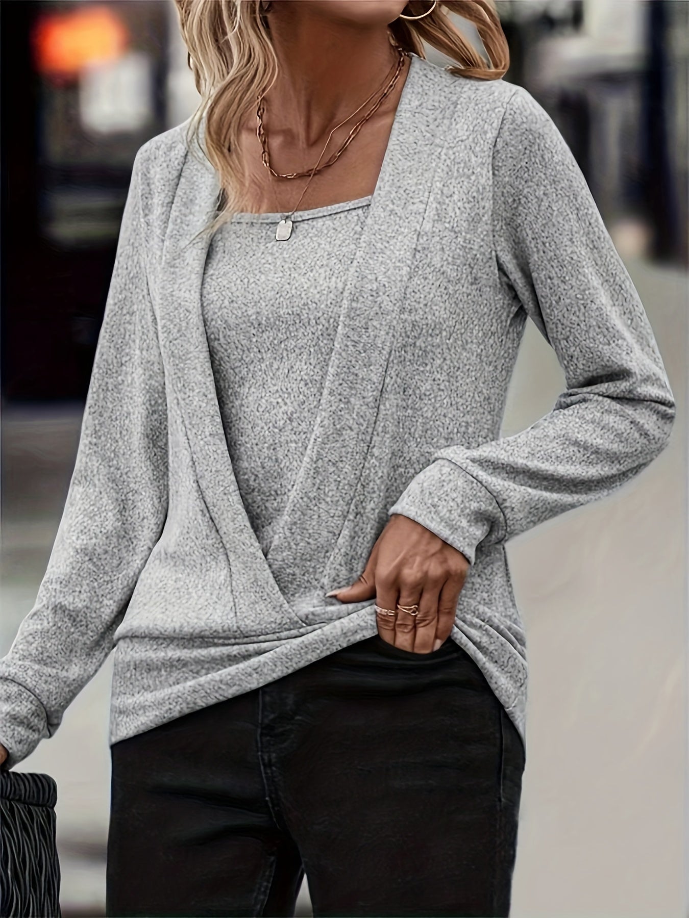 Plus Size Casual Top, Women's Plus Solid Faux Twinset Long Sleeve Square Neck Slight Stretch Pullover Top