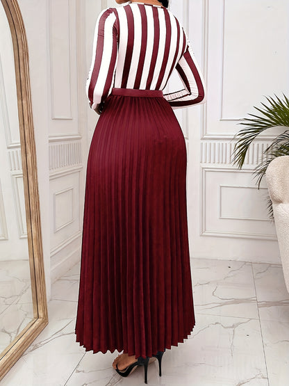 Graphic Print Belted Dress, Elegant Pleated Long Sleeve Dress For Spring & Fall, Women's Clothing