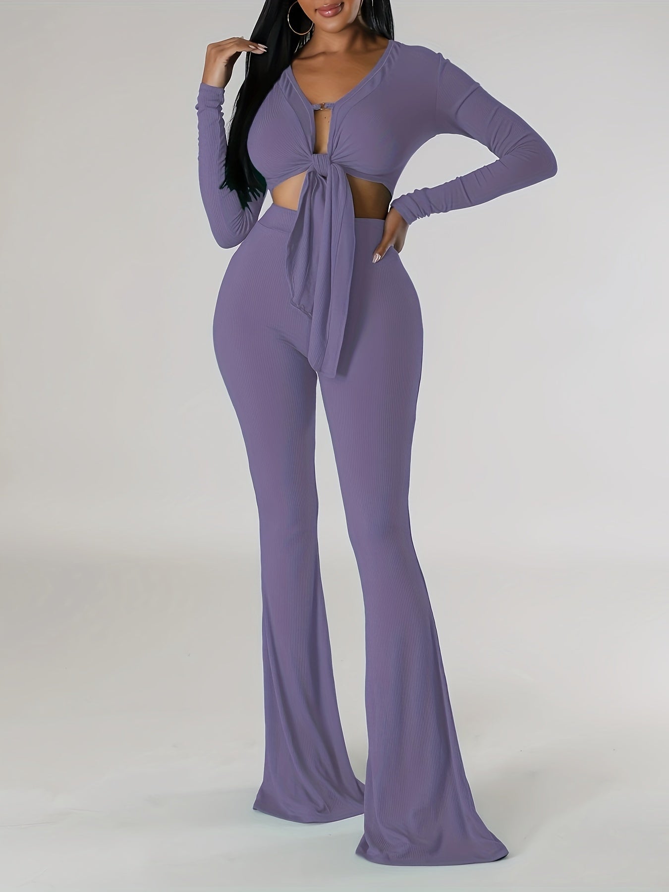 vlovelaw Solid Elegant Two-piece Set, Tie Front Long Sleeve Crop Top & Pants Outfits, Women's Clothing