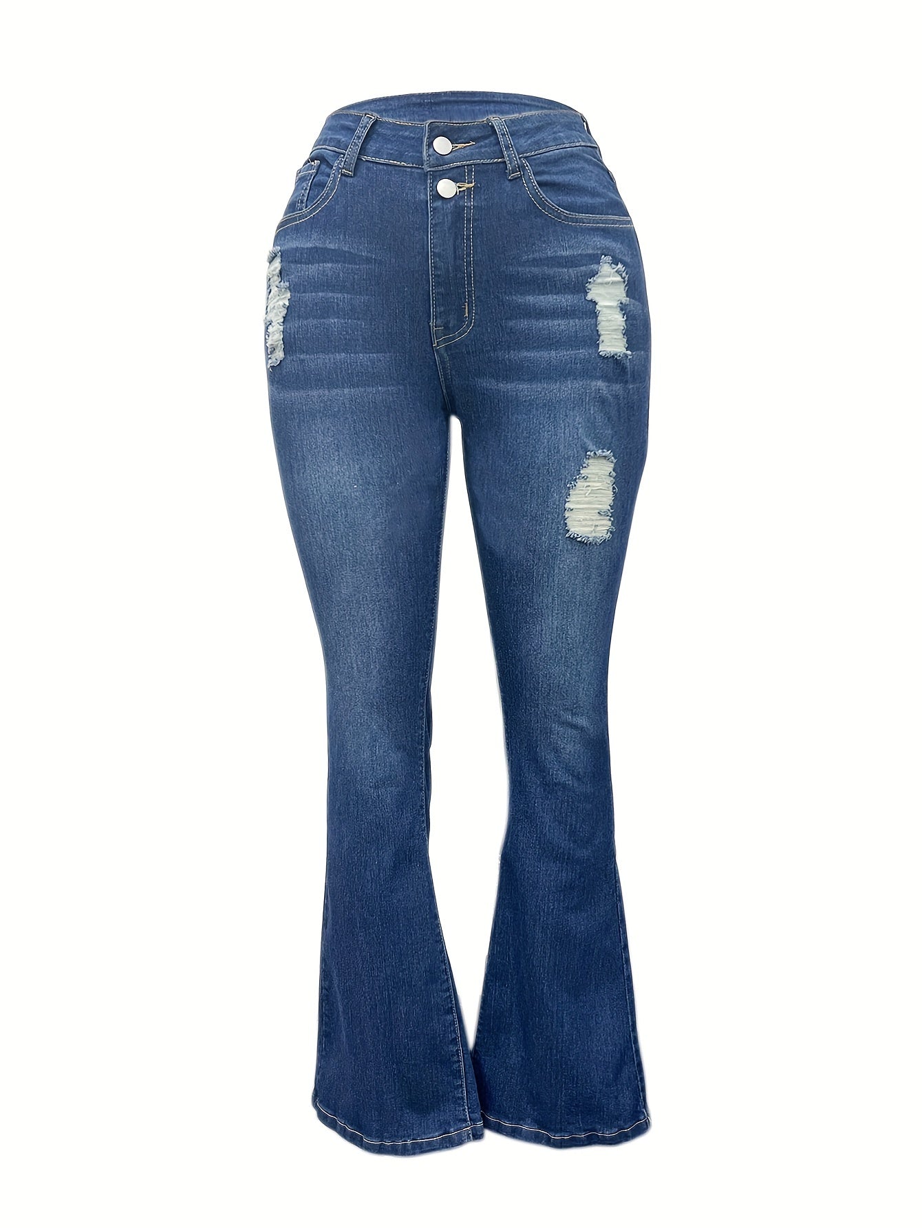 vlovelaw  Blue Double Button Flare Jeans, High Waist Ripped Holes High Stretch Versatile Bell Bottom Jeans, Women's Denim Jeans & Clothing