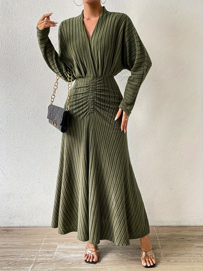 Ribbed V Neck Dress, Elegant Long Sleeve Ruched Dress For Spring & Fall, Women's Clothing