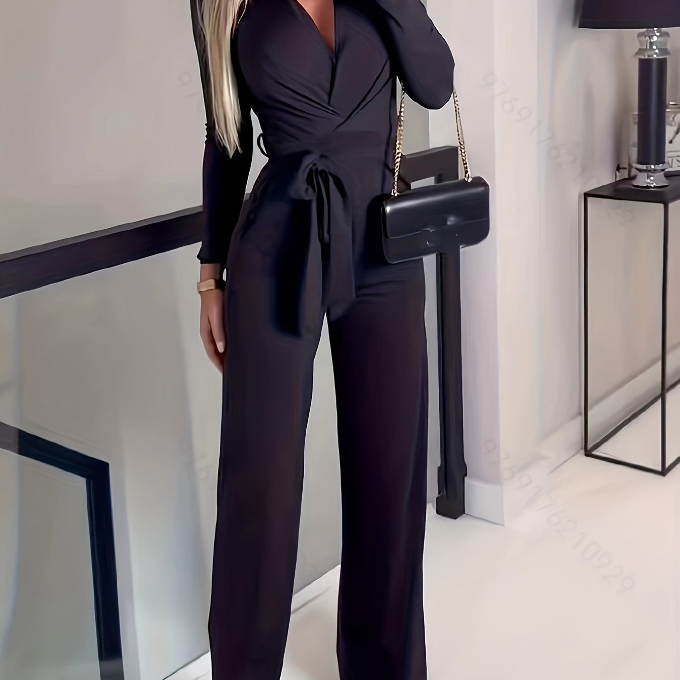 vlovelaw  Solid Waist Romper Jumpsuit, Casual V Neck Long Sleeve Romper Jumpsuit, Women's Clothing