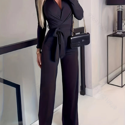 vlovelaw  Solid Waist Romper Jumpsuit, Casual V Neck Long Sleeve Romper Jumpsuit, Women's Clothing