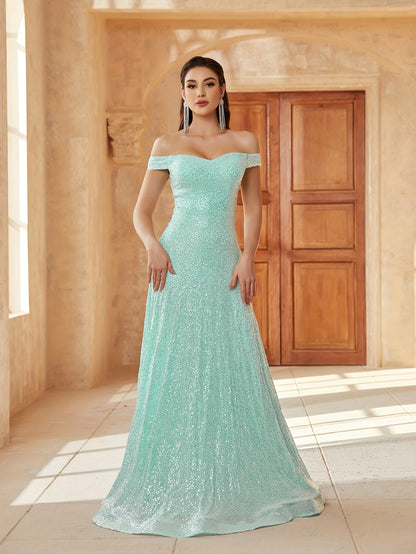 vlovelaw  Off Shoulder Sequined Dress, Elegant Sleeveless Bodycon Dress For Party & Banquet, Women's Clothing