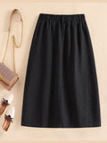 Solid Elastic Waist Button Cotton Skirt, Vintage Pocket Midi Skirt For Spring & Fall, Women's Clothing