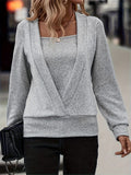 Plus Size Casual Top, Women's Plus Solid Faux Twinset Long Sleeve Square Neck Slight Stretch Pullover Top