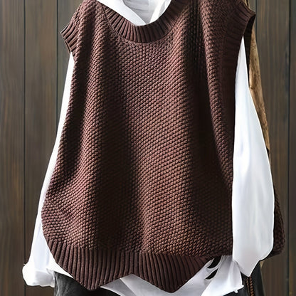 vlovelaw Solid Crew Neck Knitted Vest, Casual Sleeveless Loose Sweater, Women's Clothing