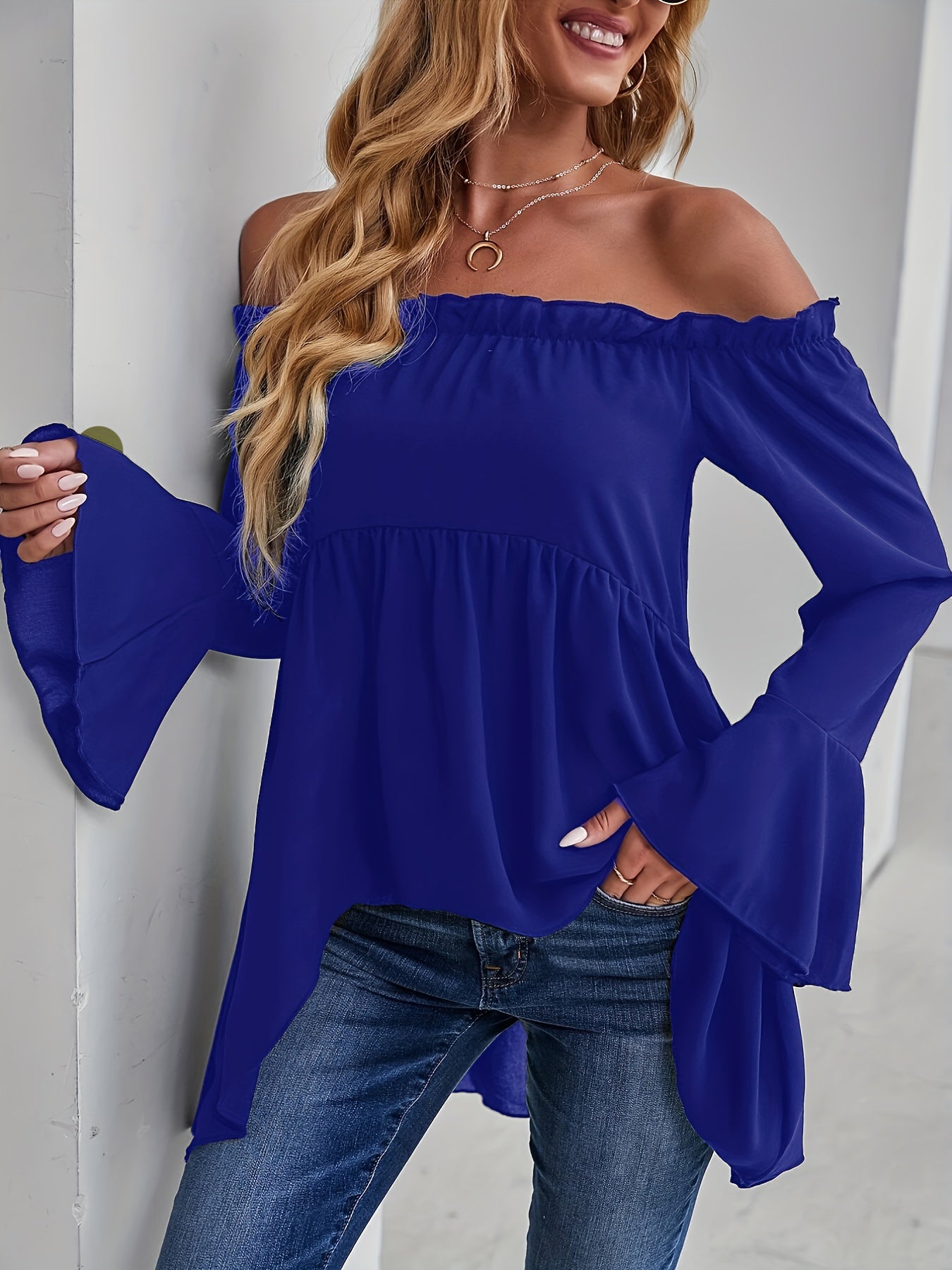 vlovelaw  Dipped Hem Ruffle Trim Blouse, Casual Off Shoulder Solid Long Sleeve Blouse, Women's Clothing