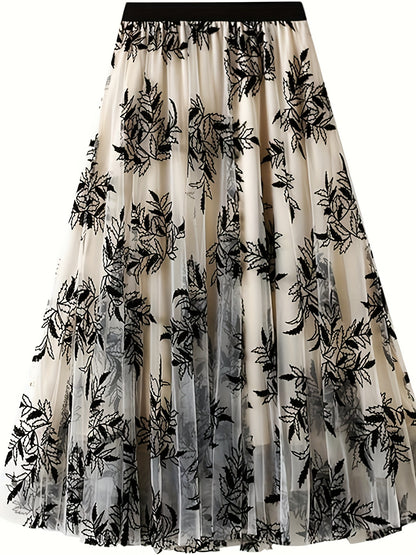 vlovelaw  Plus Size Floral Pattern Skirt, Elegant Contrast Mesh Skirt For Spring & Summer, Women's Plus Size Clothing