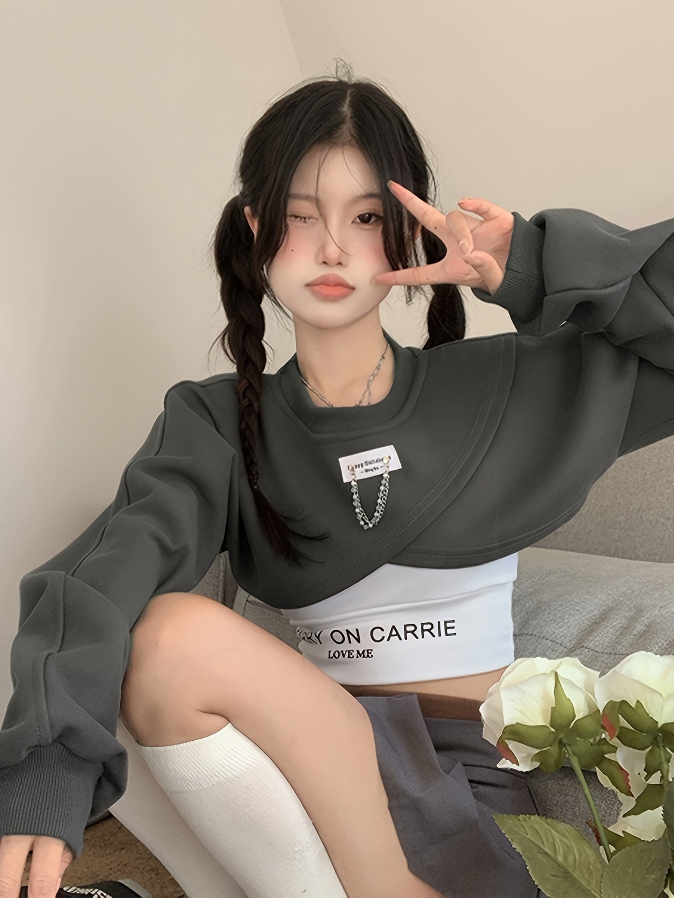 vlovelaw  Casual Two-piece Top Set, Crop Crew Neck Long Sleeve Sweatshirt & Letter Print Crop Summer Top, Women's Clothing