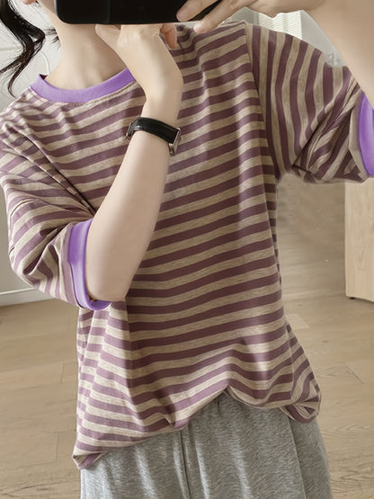 vlovelaw  Crew Neck Striped T-Shirt, Random Print Casual Top For Summer & Spring, Women's Clothing