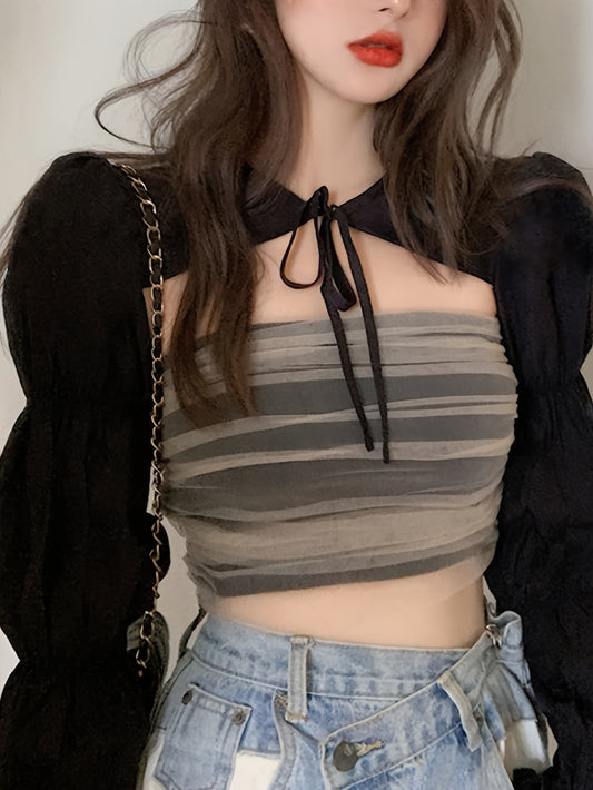 vlovelaw Solid Tie Front Crop Blouse, Versatile Long Sleeve Blouse For Spring & Fall, Women's Clothing
