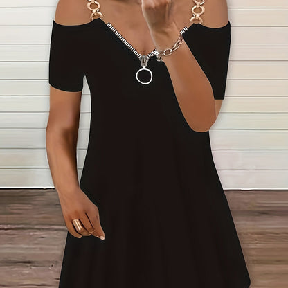 vlovelaw Plus Size basic Dress, Women's Plus Solid Chain Decor Cold Shoulder Short Sleeve Zipper V Neck Dress