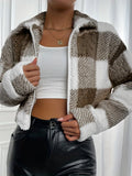 Plaid Pattern Teddy Jacket, Casual Zip Up Long Sleeve Outerwear, Women's Clothing