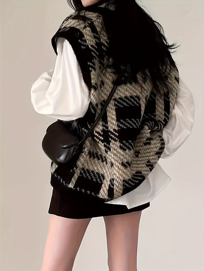 vlovelaw  Plaid Pattern V Neck Knit Vest, Vintage Long Sleeve Loose Sweater Vest, Women's Clothing