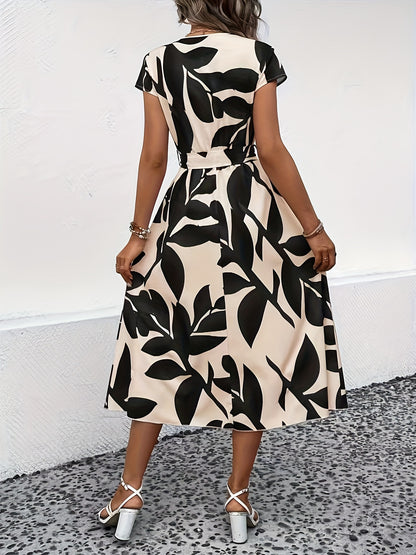 vlovelaw  Floral Print Surplice Neck Dress, Elegant Short Sleeve Belted Split Dress For Spring & Summer, Women's Clothing