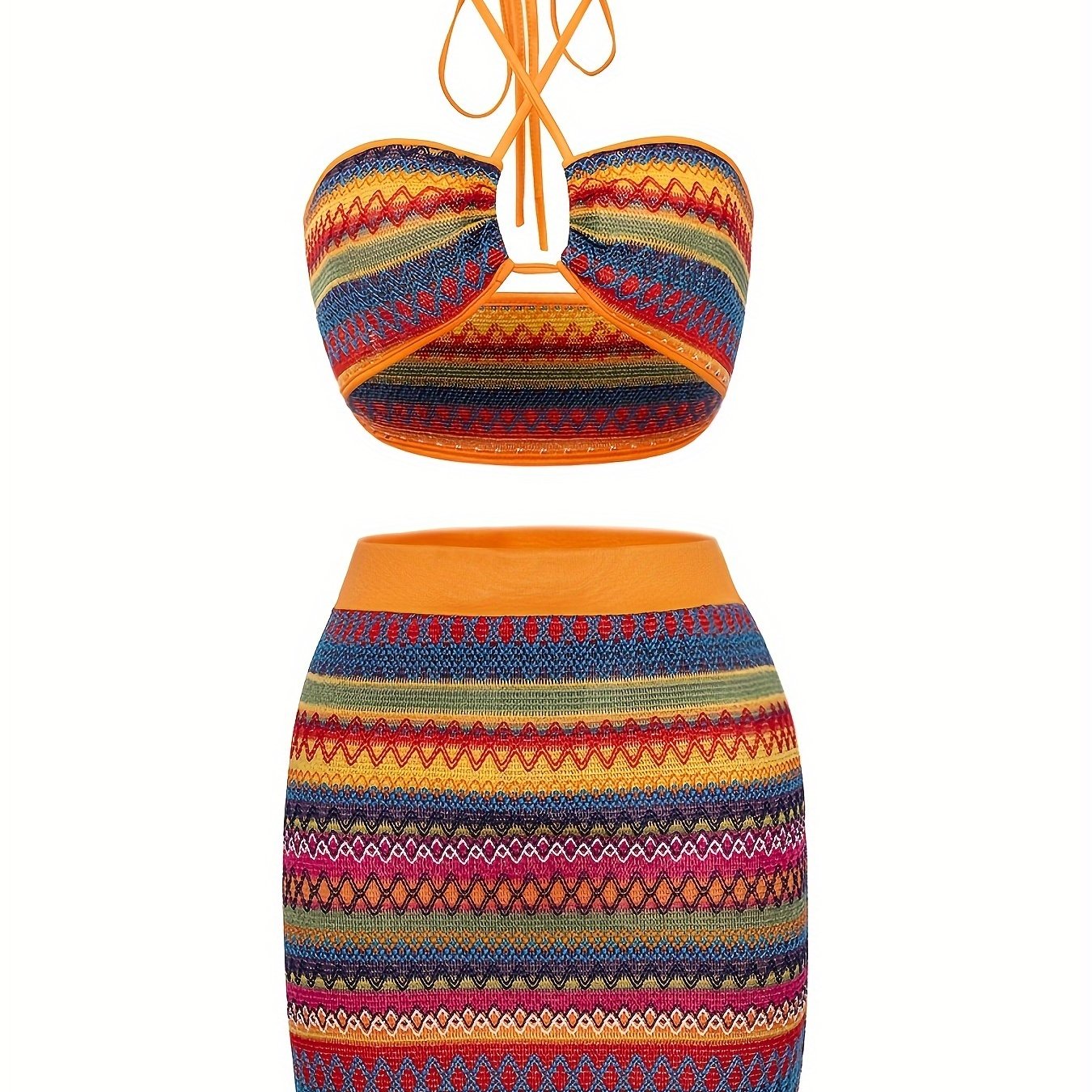 vlovelaw  Vacation Tribal Knit Slim Skirt Set, Crop Keyhole Halter Neck Top & High Waist Bodycon Slim Skirt Outfits, Women's Clothing