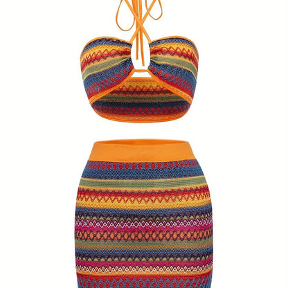 vlovelaw  Vacation Tribal Knit Slim Skirt Set, Crop Keyhole Halter Neck Top & High Waist Bodycon Slim Skirt Outfits, Women's Clothing