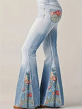 vlovelaw Plus Size Casual Trousers, Women's Plus Denim Print Slight Stretch Contrast Floral Panel Flare Pants